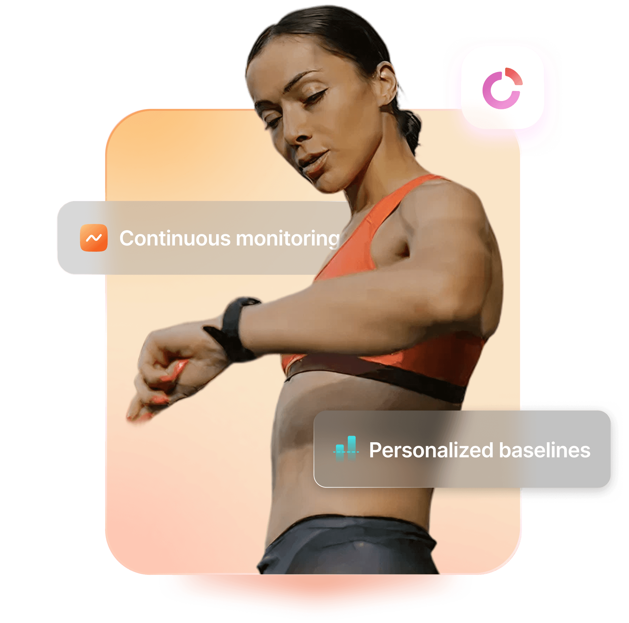 Woman checking fitness tracker with health monitoring badges