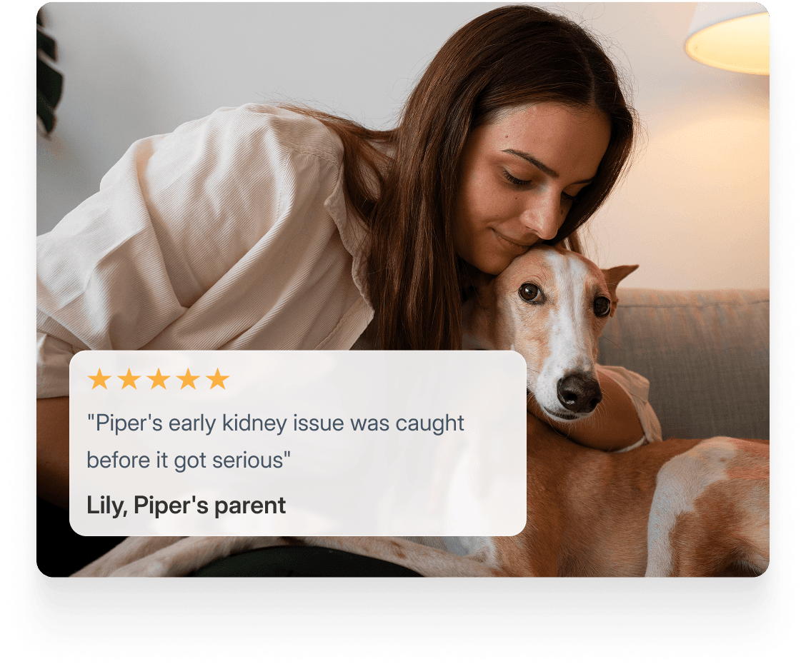 Lily with her dog Piper and a testimonial about Piper's early kidney issue